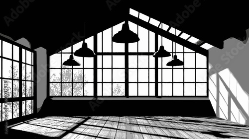 A grayscale illustration of a large open room with giant windows and hanging lamps
