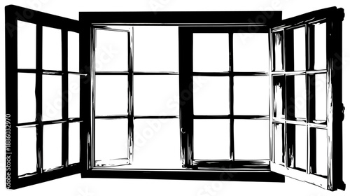 A black and white illustration of an open window with divided panes against a white background