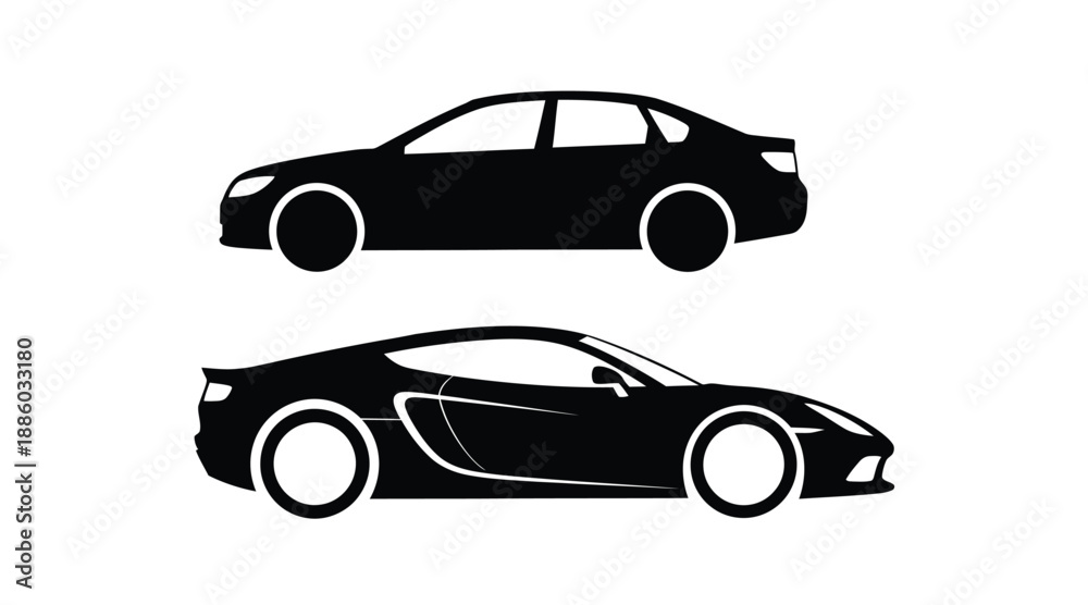 Naklejka premium Two modern car side views presented in a striking black silhouette