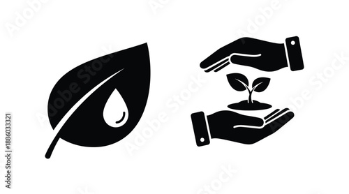 Hands nurturing a seedling and a leaf with a drop silhouette