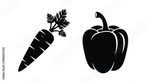 Simple black and white vegetable shapes a carrot and bell pepper silhouette