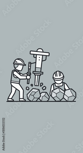 Construction Workers Breaking Rocks With Heavy Machinery At A Building Site