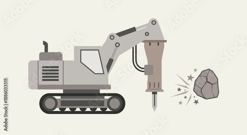 Construction Vehicle With Jackhammer Attachment Breaking Up Rock Material Effectively