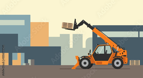 Bright Orange Telehandler Safely Lifting Wooden Pallet At An Active Commercial Warehouse