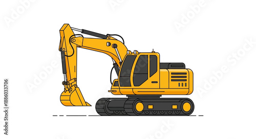 Bright Yellow Tracked Excavator Digging Vehicle Earthmoving Equipment Isolated White Background