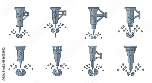 Collection Of Jackhammer Icons Illustrating Demolition And Construction Work Equipment