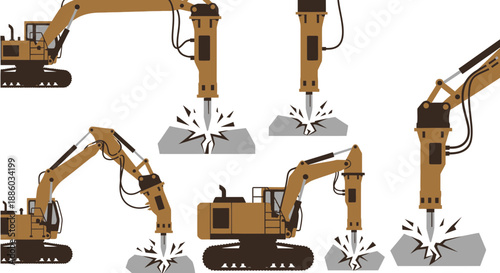 Construction Excavator Machines With Hydraulic Breakers Crushing Hard Materials
