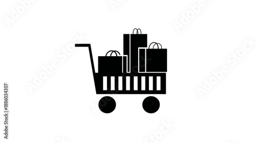 A black and white graphic of a shopping cart filled with shopping bags. Wheels are visible
