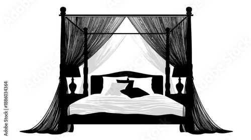 A black and white illustration of a four-poster bed with drapes, lamps, and pillows
