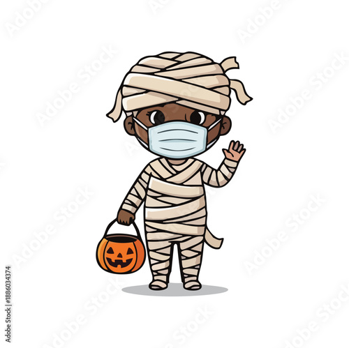 Cute little mummy cartoon character wearing a protective face mask and holding a pumpkin basket for a safe Halloween celebration.