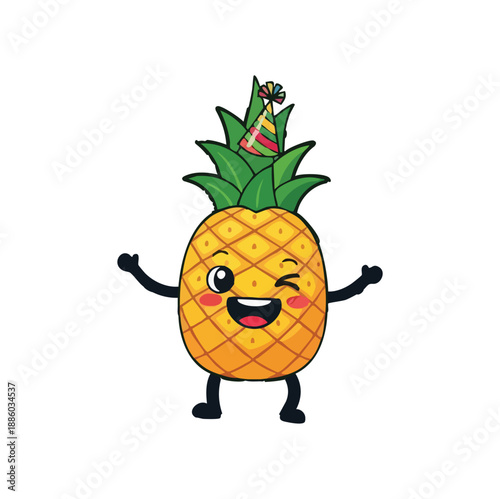 Cute happy pineapple cartoon character wearing a colorful party hat and winking for tropical celebration and birthday concepts.