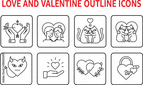 Love and Valentine Outline Icons Set for Romantic Themes and Graphics