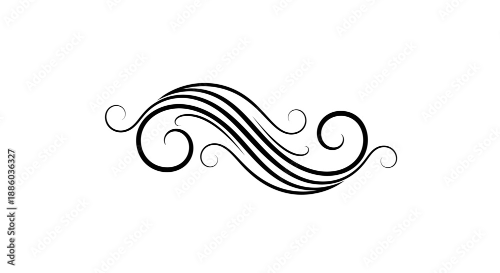 Fototapeta premium Simple Black Curled Swirl Line Ornament on Isolated White Background