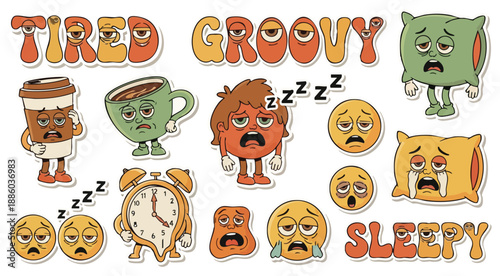 Retro groovy sticker set featuring tired coffee cup, sleepy alarm clock, and pillow characters in vintage 70s style