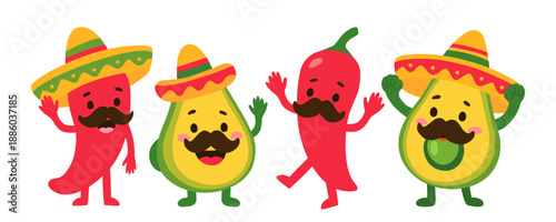Cinco de Mayo Mexican Peppers And Avocado In Sombreros. Festive Illustration Of Traditional Spanish Holiday Characters