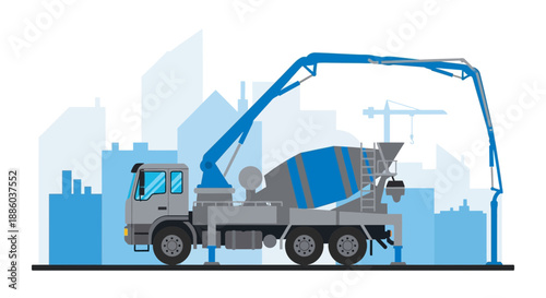 Dynamic Concrete Pump Truck Operating Amidst A Contemporary Urban Skyline Construction Scene