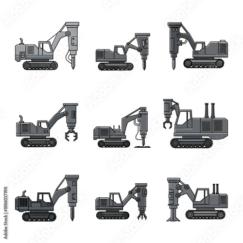 Diverse Array Of Construction Excavators With Hydraulic Breakers And Grab Attachments Set