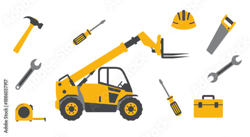 Diverse Collection Of Construction Repair And Maintenance Tools And Heavy Equipment
