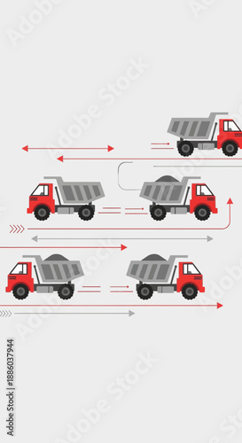 Dynamic Flow Of Construction Vehicles Hauling Bulk Goods With Arrows Representing Movement
