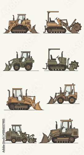 Diverse Collection Of Industrial Construction Vehicles And Heavy Earthmoving Machinery Illustrations