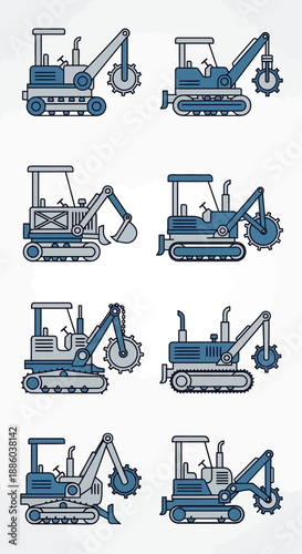 Diverse Heavy Machinery Flat Icons Collection For Building And Industry Projects Vector Set