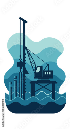 Dynamic Illustration Of Marine Construction Rig Operating On Deep Ocean Platform