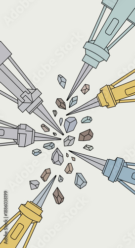 Dynamic Illustration Of Multiple Jackhammers Breaking Apart Stone Fragments With Force