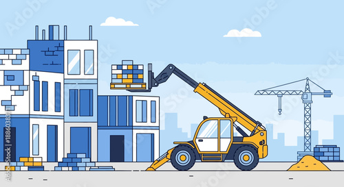 Dynamic Building Development Progress With Essential Machinery On An Active Construction Zone