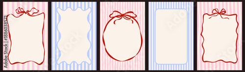 Coquette Aesthetic Frame Set with Red Bows and Stripes, Pastel Pink and Blue Stationery Templates, Hand-Drawn Romantic Borders for Invitations and Social Media.