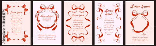 Elegant Vintage Coquette Frames with Red Ribbons and Bows, Romantic Stationery Templates for Invitations, Wedding Cards, and Poetry, Hand-Drawn Red Ink Illustration Set.