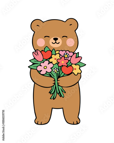 Cute bear holding a colorful flower bouquet in a flat vector style. Vector illustration isolated on a white background. Perfect for love cards, spring designs, kids decor, stickers ect.