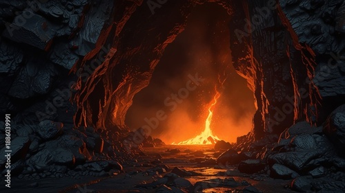 Infernal Obsidian Tunnel with Lava Fissures and Jagged Black Walls Fantasy Background