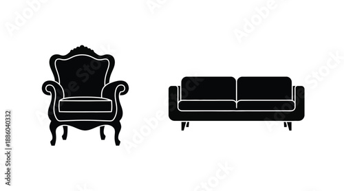 Elegant sofa and ornate armchair depicted in dark striking silhouette