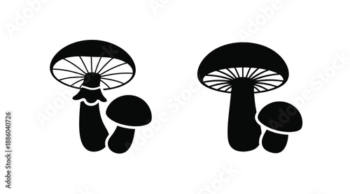 Two black mushroom shapes with detailed gills a striking silhouette