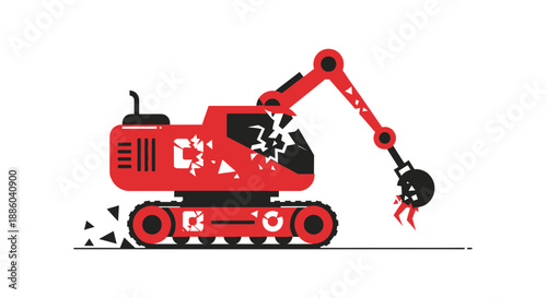 Dynamic Red Demolition Excavator Icon Depicting Industrial Destruction Process