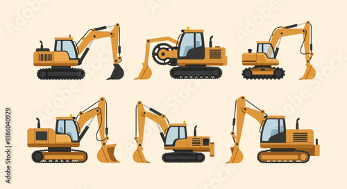 Dynamic Set Of Construction Excavator Vehicle Icons In Flat Design Style