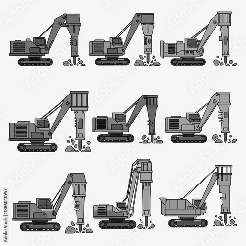 Dynamic Set Of Powerful Hydraulic Excavator Machines Actively Breaking Ground