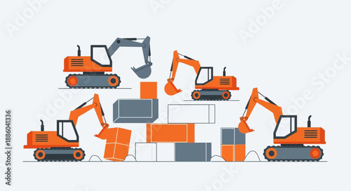 Efficient Construction Excavators Moving Building Materials On An Active Job Site