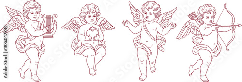 Cherub illustration set, classical red line art, cupid figures, love and romance theme, bow and arrow, heart symbol, decorative style