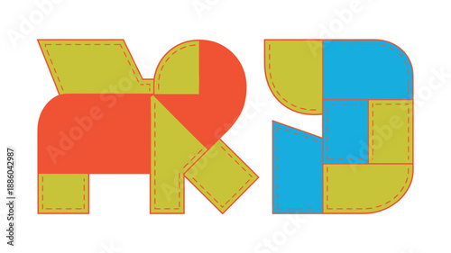 A colorful illustration of the letters K and P made up of puzzle pieces in various shapes and colors.
