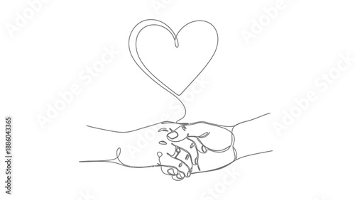 A single-line drawing illustrates two hands firmly clasped together in a handshake, featuring a heart shape suspended above connecting them.