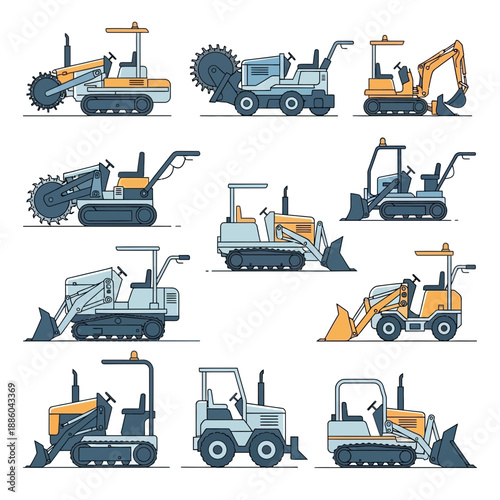 Essential Vector Illustrations Featuring Modern Heavy Construction Machinery For Building Projects
