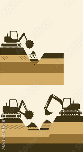 Excavation Work Illustrated With Modern Machinery Digging Deep Into Ground Layers
