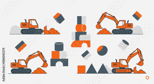 Heavy Construction Equipment And Playful Building Blocks Creative Illustration