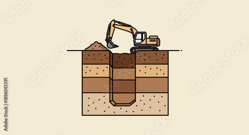Excavator Digging Through Earth Layers Construction Site Work Vector Illustration Design