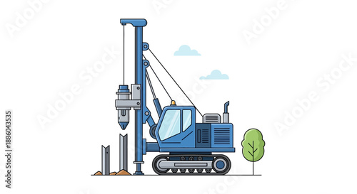 Foundation Construction Work With Powerful Pile Driving Equipment Vector Art