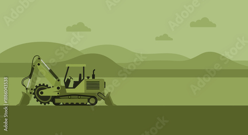 Heavy Construction Excavator Vehicle Working On Green Hilly Landscape Flat Design