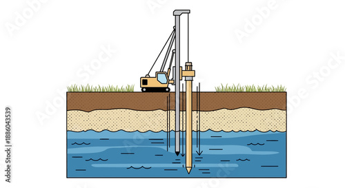 Foundation Construction With A Piling Rig Driving Supports Into Subsurface Strata