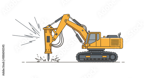 Heavy Construction Excavator With Hydraulic Breaker Demolishing Ground At Site