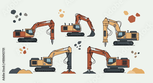 Heavy Construction Machinery Excavator Vector Set Industrial Equipment Illustration For Projects